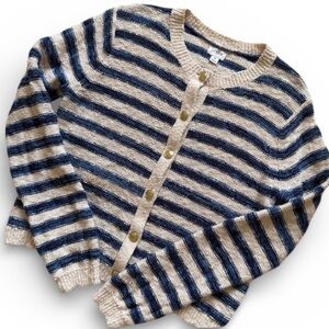 J. Crew Striped Slub Cardigan Sweater Blue Oatmeal Gold Creat Button Medium